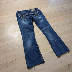 Miss Me Signature Boot Women 31 Medium Wash Embellished Flap Pocket Jeans Frayed